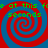Four identical spiral patterns with red and blue concentric circles, overlaid with green text reading 'at this fe seconds' on a solid background.