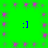Green background with scattered pink squares and four blue ':]' text icons arranged in a pattern