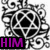 Pixelated grayscale image with abstract black and white patterns, featuring a solid purple 'HIM' text block on a black background at the bottom left.