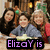 A pixelated group of four people in a restaurant setting with overlaid text reading "ElizaY is a big fan of iCarly!" in colored fonts.