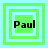 Four green and light blue square frames with the word "Paul" in black text, each frame showing a different layered arrangement of squares.