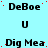 Light blue background with repeated text elements and scattered red dots, featuring 'DeBoe', 'Dig Mea', and 'U' in black pixelated font.