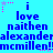 Pixelated blue background with repeated text in dark blue and pink accents, featuring 'i love nai then alexander mcmillen!' phrases arranged in a pattern