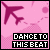 Pink background with dark purple airplane silhouette and "DANCE TO THIS BEAT" text in black-and-white pixelated font, animated color cycling on letters.