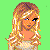 Pixelated character with long blonde hair and blue eyes, wearing a white top against green background.