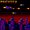 Pixel art preview of a retro video game scene with cityscape, flying ships, and projectiles against dark background.