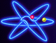 Four variations of a blue neon atomic model with orbiting particles on dark backgrounds, showing different particle positions and color effects.