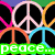Pixelated image with colorful peace signs and text overlays including 'peace...', '...and stuff', and 'COOL LIME!!=]'.