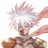 Pixelated anime-style character with spiky white hair, brown eyes, and a neutral expression wearing a dark green top with brown shoulder pads.