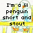 Pixelated cartoon penguin with yellow beak and feet, standing on a yellow platform against white background, text overlays change across frames.