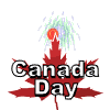 Red maple leaf with 'Canada Day' text overlaid, surrounded by animated fireworks in various colors and patterns against a gray background.