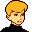 Pixelated cartoon-style icon of a character with blonde hair and closed eyes wearing a black top against a gray background.