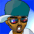 Pixelated cartoon character with teal cap and white shirt, mouth open in a shout, eyes reflecting red and blue light, against blue background.