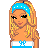 Pixel art contact sheet showing multiple frames of a beach-themed animated buddy icon featuring a blonde female character in blue-and-white swimwear with windmill props and "Beach Babe" text variants.