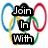 Olympic rings background with black text blocks displaying 'Join In With' on left and 'The Olympic Party' on right, plus a separate block reading 'With Lee C64'.