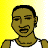 Pixelated cartoon character with brown skin and short black hair in a white tank top, shown across multiple expressions on yellow background.
