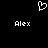 Pixelated white heart symbol above two instances of the name Alex in pixel font on black background.