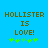 Blue background with pixelated brown text "HOLLISTER IS LOVE!" and five green plus signs below, two versions side-by-side showing animation change in the third plus sign.