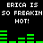 Pixelated text and green audio bars on black background, repeating 'ERICA IS SO FREAKIN SO FREAKIN HOT!' with green bar animations.