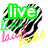 Animated icon with black-and-white striped heart shape, green 'live' text overlay, pink 'love' text, and yellow 'love' text in background.