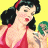 Pixelated image of a woman in red dress holding green object against yellow and dark green background with text.