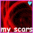 Animated contact sheet of 20 frames showing a red and black abstract background with blue hearts, white text forming the phrase "my scars remind me that the past is real" across sequential frames.