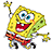 Pixelated yellow sponge character with wide eyes and open mouth, wearing red shorts and white shirt, holding a starfish on left hand against white background.