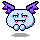 Pixelated character with light blue body and purple horns showing six distinct facial expressions on a gray background.