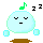 Pixelated light blue circular character with closed eyes, brown base, and cyan limbs in multiple states: sleeping (zz), singing (music note), crying (tear), or surprised (wide eyes).