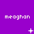 Purple background with repeated 'meaghan' text and changing white pixel symbols across three