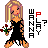 A 4-frame pixel art animation of a blonde cartoon woman in a black dress holding red roses, with changing text letters and pose variations across frames.