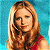 A pixelated contact sheet showing a woman with long brown hair in a red top on the left and green text reading "Original Icons .com" on the right against a blue background.