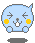 Pixelated blue character with yellow cheeks, closed eyes, and a small nose in four variations showing different limb positions.