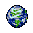 Pixelated globe icon with blue oceans, green landmasses, and white cloud patterns on a gray background.
