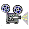 Two side-by-side animated film projectors with blue reels, one projecting yellow light and the other showing a green dot on its base.