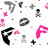 Pixelated static image containing multiple distinct shapes and symbols in black, white, and pink on a white background.