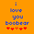 Blue text on orange background reads 'i love you boobear' with five red heart symbols below, two variations of the hearts differ in color and position.
