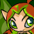Animated contact sheet of a cartoon character with red and green hair, large blue eyes, and pointed ears in various expressions against a green diamond-patterned background.