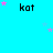 A bright cyan background features multiple instances of the word 'kat' in black pixelated text, surrounded by scattered pink and light purple stars.