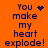 Orange background with blue pixelated text reading "You make my heart explode!" and four distinct animated symbols replacing the heart symbol.