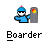 Pixel art buddy icon featuring a blue-clad character with helmet and goggles holding a gray structure with glowing orange-yellow element, below which is the text "Boarder" in pixelated font on solid gray background.