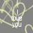 Animated icon with yellowish tangled lines forming a heart shape, displaying text that changes from "I love you" to "you love her".