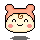Pixel art character with peach ears, brown spiral mark on forehead, pink cheeks, and two expressions: smiling mouth and open mouth.