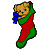 A pixelated Christmas stocking with a bear's face peeking out, holding a blue object against a gray background.