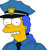 Pixelated cartoon character with yellow skin, blue uniform, and peaked cap wearing a black tie.