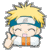 Two pixelated anime-style characters: one with spiky blonde hair and a headband making a peace sign, the other with dark blue hair holding a green object against a yellow frame.