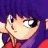 Pixelated anime-style character with purple hair and red clothing, eyes closed in a relaxed expression, static image.