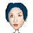 Pixelated portrait of a person with short dark blue hair, light skin, and red lips, wearing a white and orange garment against a gray background.