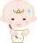 Pixelated baby character with light pink skin, brown eyes, and a small crown writes on white paper with a brown pen against gray background.
