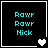 Four display cyan text 'Rowr Rowr Nick' on black backgrounds with white borders; each contains distinct pixelated heart symbols in the bottom-right corner